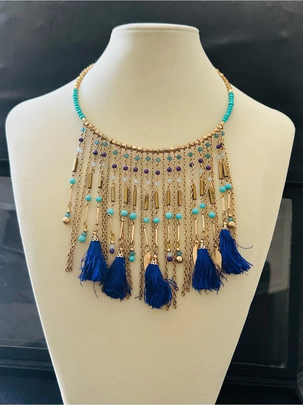 Gold & Blue Tassel Beaded Fringe Beaded Choker Necklace